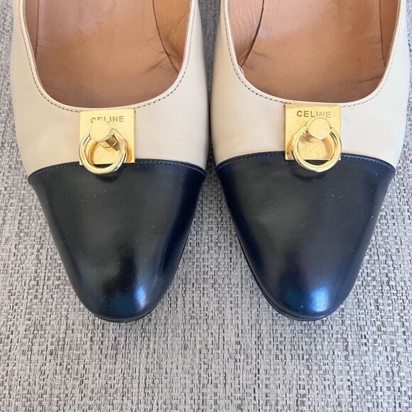 Celine Paris Leather Cap-Toe Two Toned Pumps Gold Hardware Size EU 38.5 - Picture 9 of 12